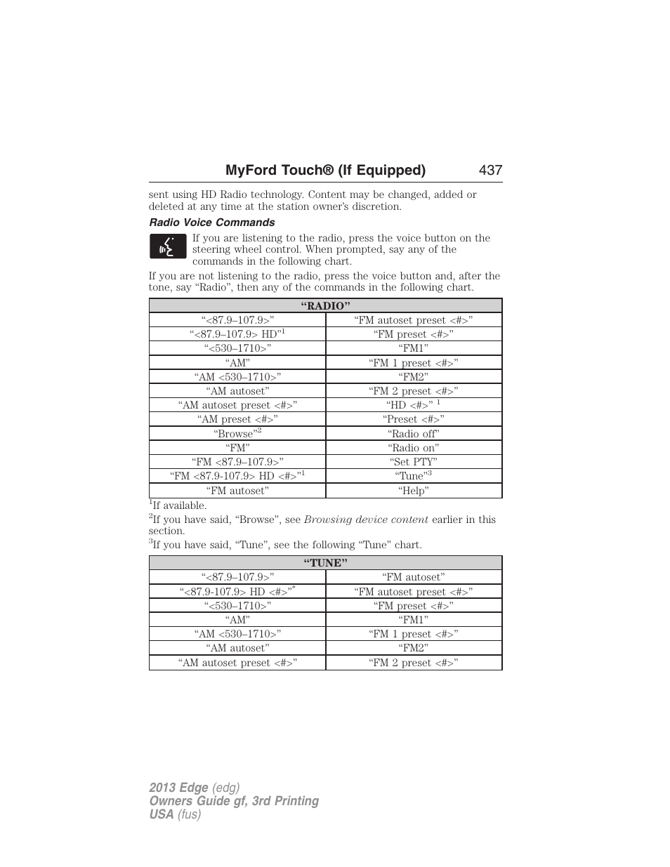 Radio voice commands, Myford touch® (if equipped) 437 | FORD 2013 Edge v.3 User Manual | Page 438 / 521