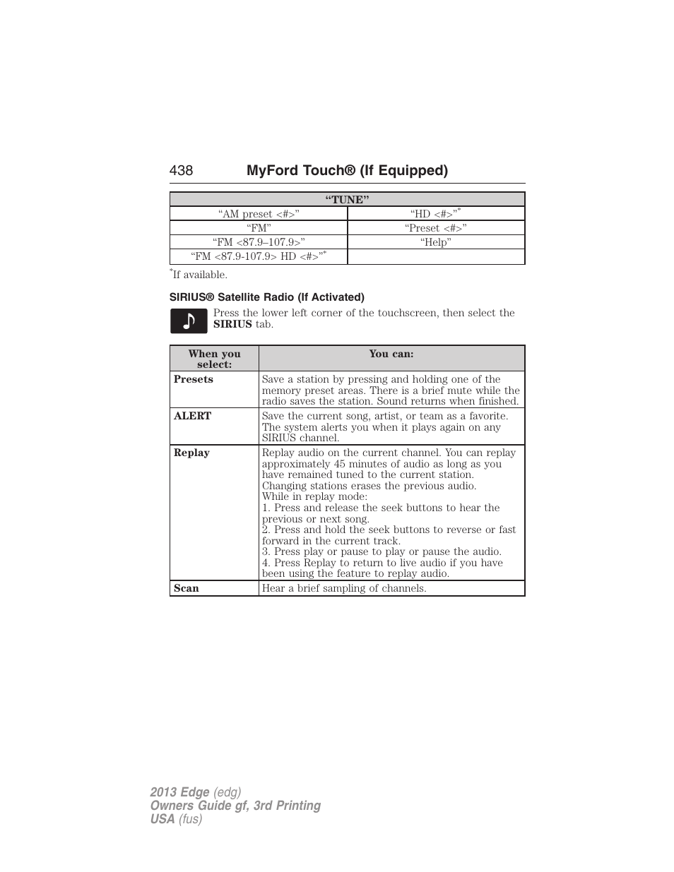 Sirius® satellite radio (if activated), 438 myford touch® (if equipped) | FORD 2013 Edge v.3 User Manual | Page 439 / 521
