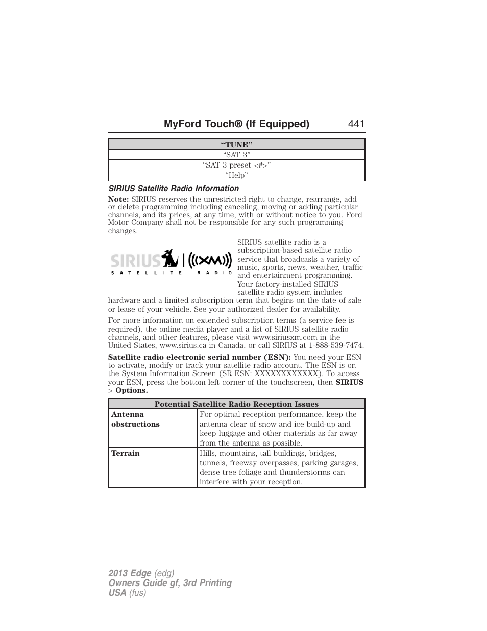 Sirius satellite radio information, Myford touch® (if equipped) 441 | FORD 2013 Edge v.3 User Manual | Page 442 / 521