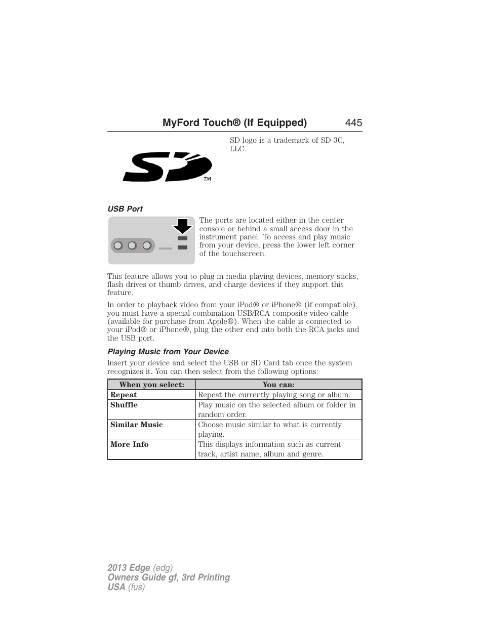 Usb port, Playing music from your device, Myford touch® (if equipped) 445 | FORD 2013 Edge v.3 User Manual | Page 446 / 521