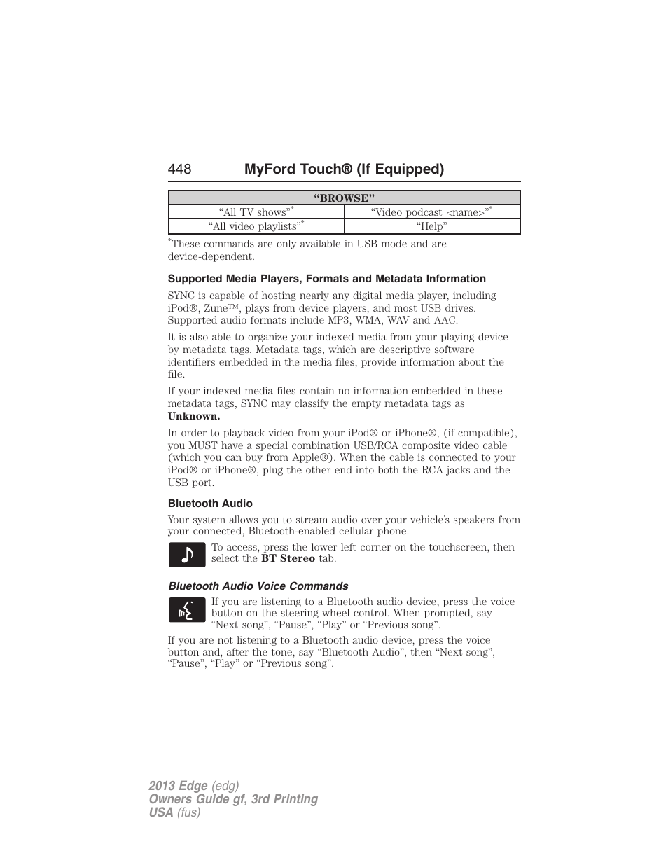 Bluetooth audio, Bluetooth audio voice commands, 448 myford touch® (if equipped) | FORD 2013 Edge v.3 User Manual | Page 449 / 521