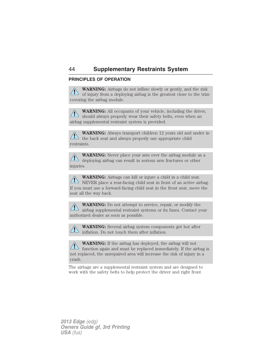 Supplementary restraints system, Principles of operation, 44 supplementary restraints system | FORD 2013 Edge v.3 User Manual | Page 45 / 521