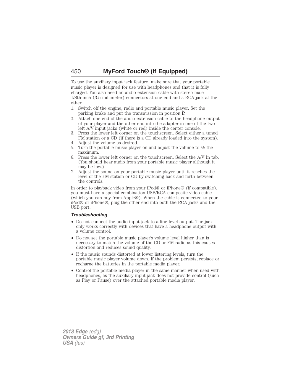 Troubleshooting, 450 myford touch® (if equipped) | FORD 2013 Edge v.3 User Manual | Page 451 / 521