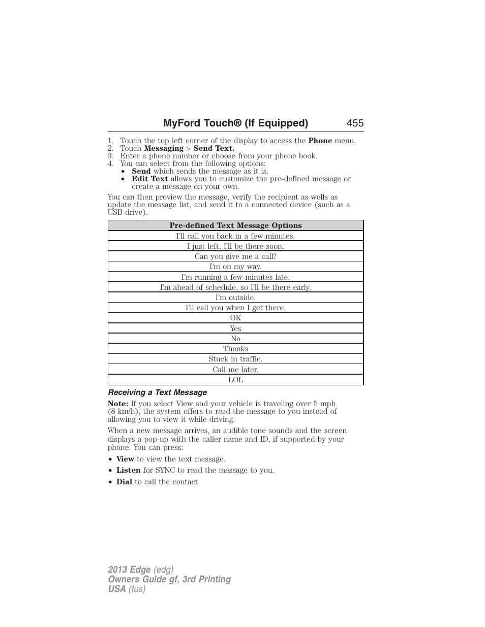 Receiving a text message, Myford touch® (if equipped) 455 | FORD 2013 Edge v.3 User Manual | Page 456 / 521