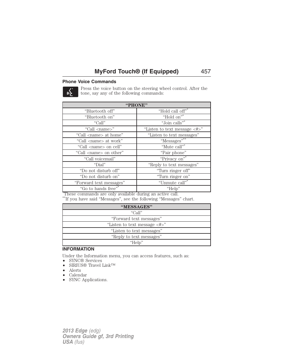 Phone voice commands, Information, Information menu | Myford touch® (if equipped) 457 | FORD 2013 Edge v.3 User Manual | Page 458 / 521