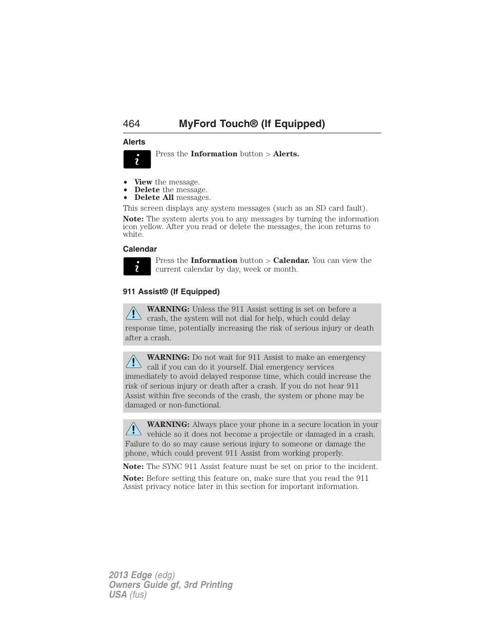 Alerts, Calendar, 911 assist® (if equipped) | 464 myford touch® (if equipped) | FORD 2013 Edge v.3 User Manual | Page 465 / 521