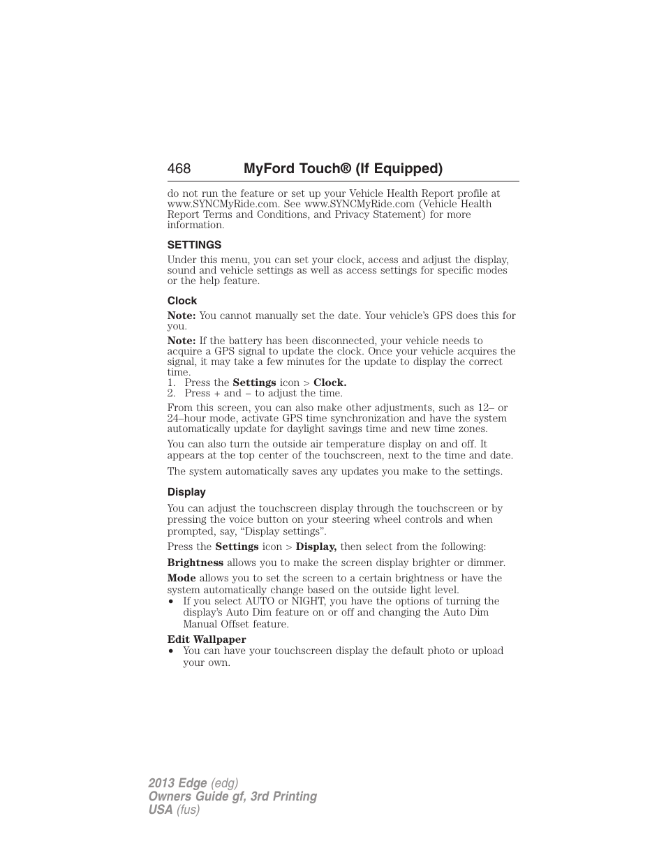 Settings, Clock, Display | 468 myford touch® (if equipped) | FORD 2013 Edge v.3 User Manual | Page 469 / 521