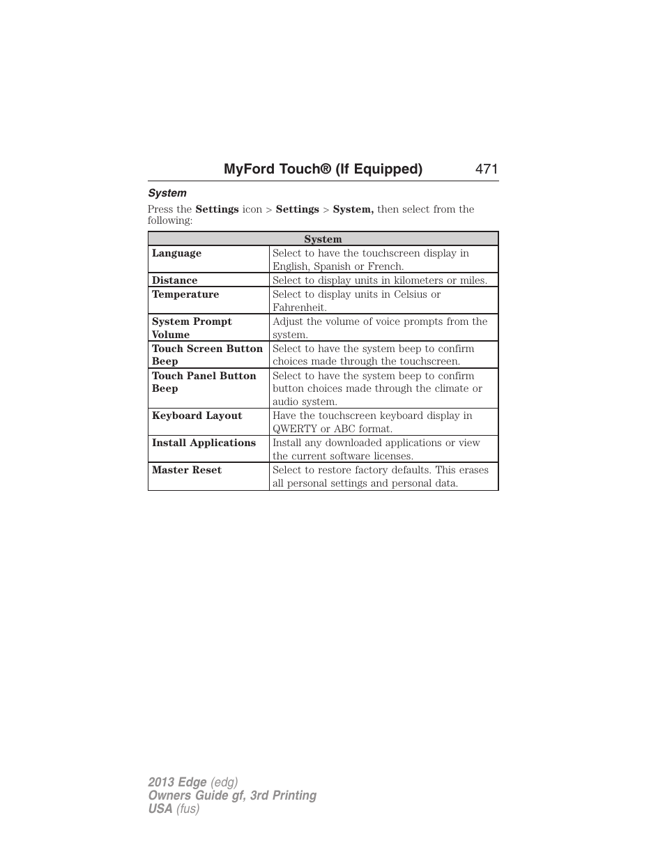 System, Myford touch® (if equipped) 471 | FORD 2013 Edge v.3 User Manual | Page 472 / 521