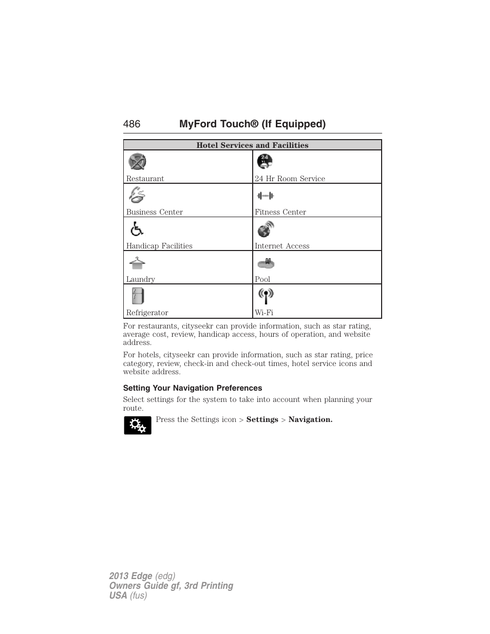Setting your navigation preferences, 486 myford touch® (if equipped) | FORD 2013 Edge v.3 User Manual | Page 487 / 521