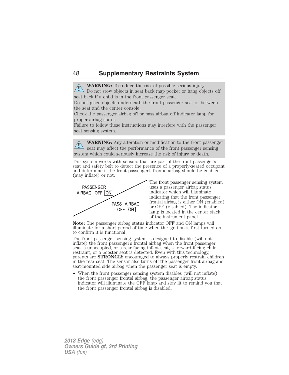 48 supplementary restraints system | FORD 2013 Edge v.3 User Manual | Page 49 / 521