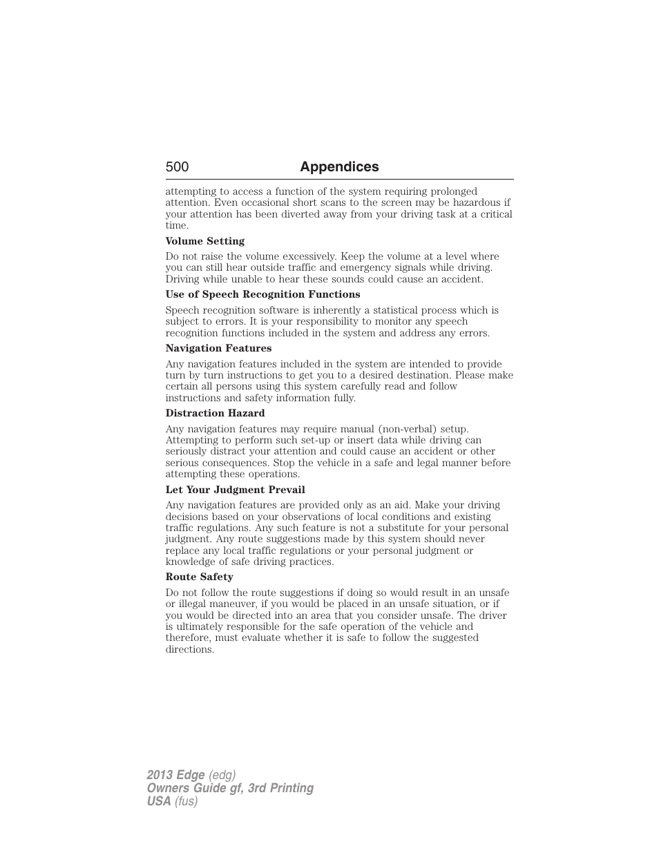 500 appendices | FORD 2013 Edge v.3 User Manual | Page 501 / 521
