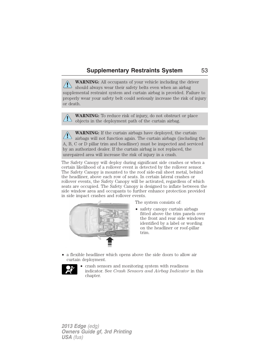Supplementary restraints system 53 | FORD 2013 Edge v.3 User Manual | Page 54 / 521