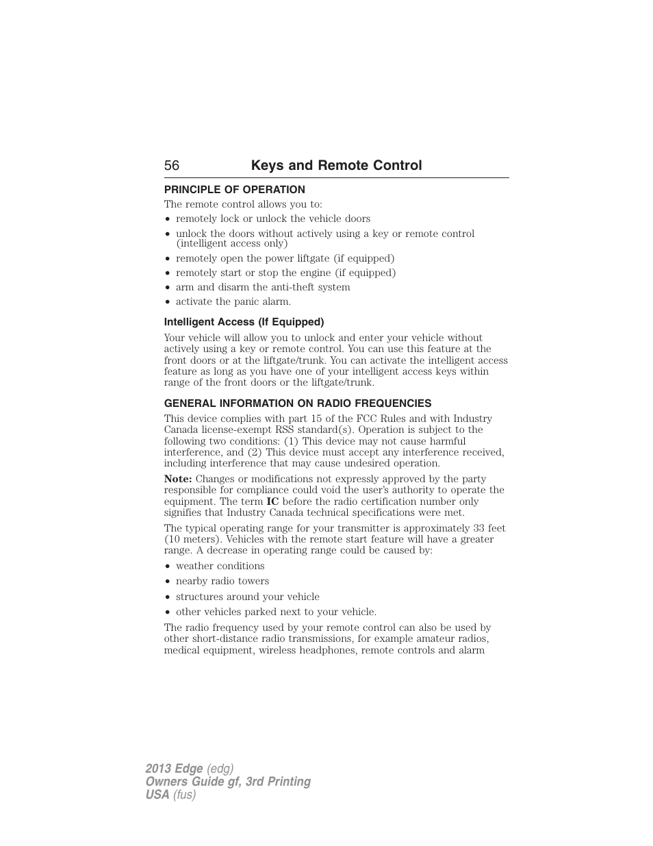 Keys and remote control, Principle of operation, Intelligent access (if equipped) | General information on radio frequencies, 56 keys and remote control | FORD 2013 Edge v.3 User Manual | Page 57 / 521