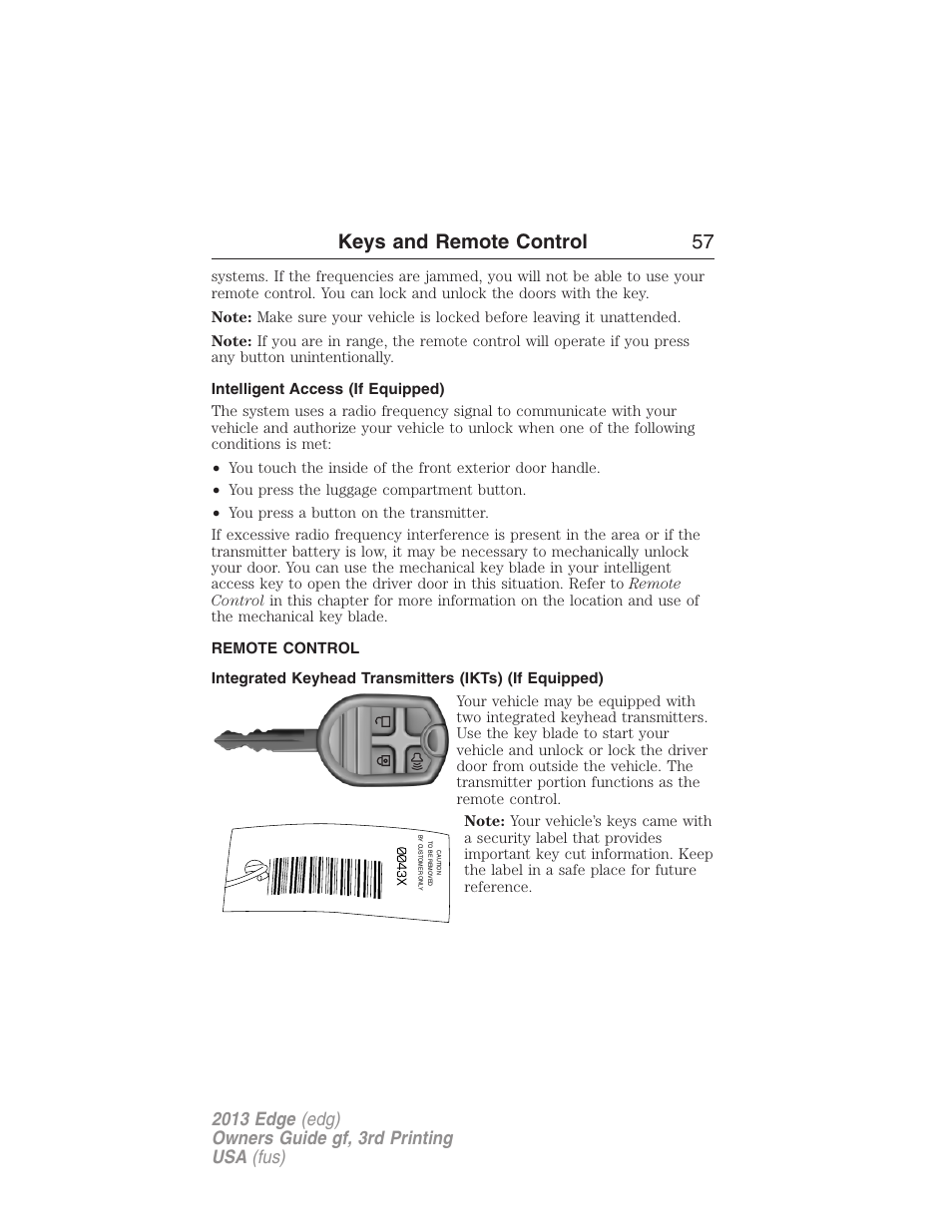 Intelligent access (if equipped), Remote control, Keys | Keys and remote control 57 | FORD 2013 Edge v.3 User Manual | Page 58 / 521