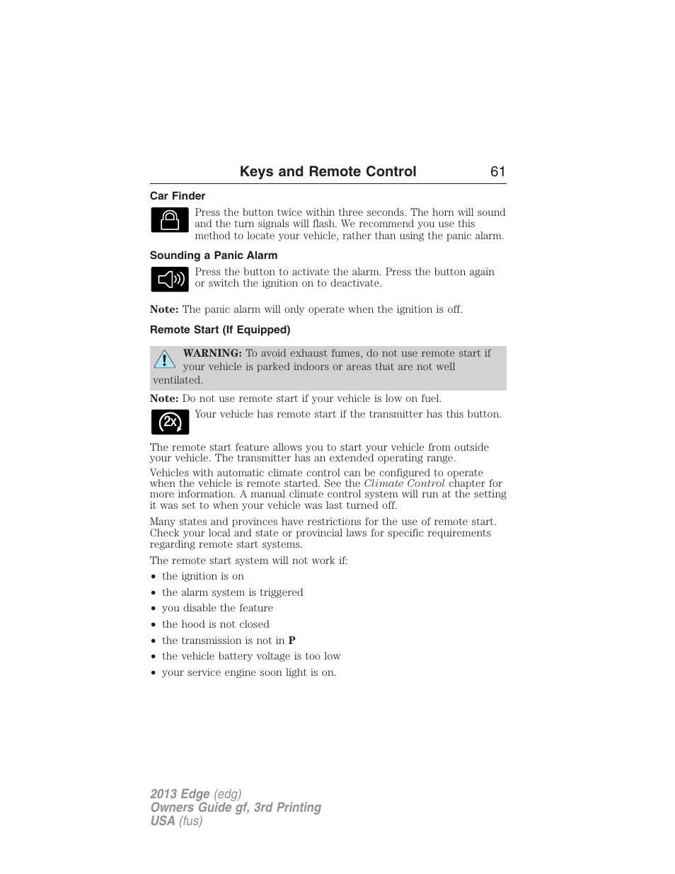 Car finder, Sounding a panic alarm, Remote start (if equipped) | Keys and remote control 61 | FORD 2013 Edge v.3 User Manual | Page 62 / 521