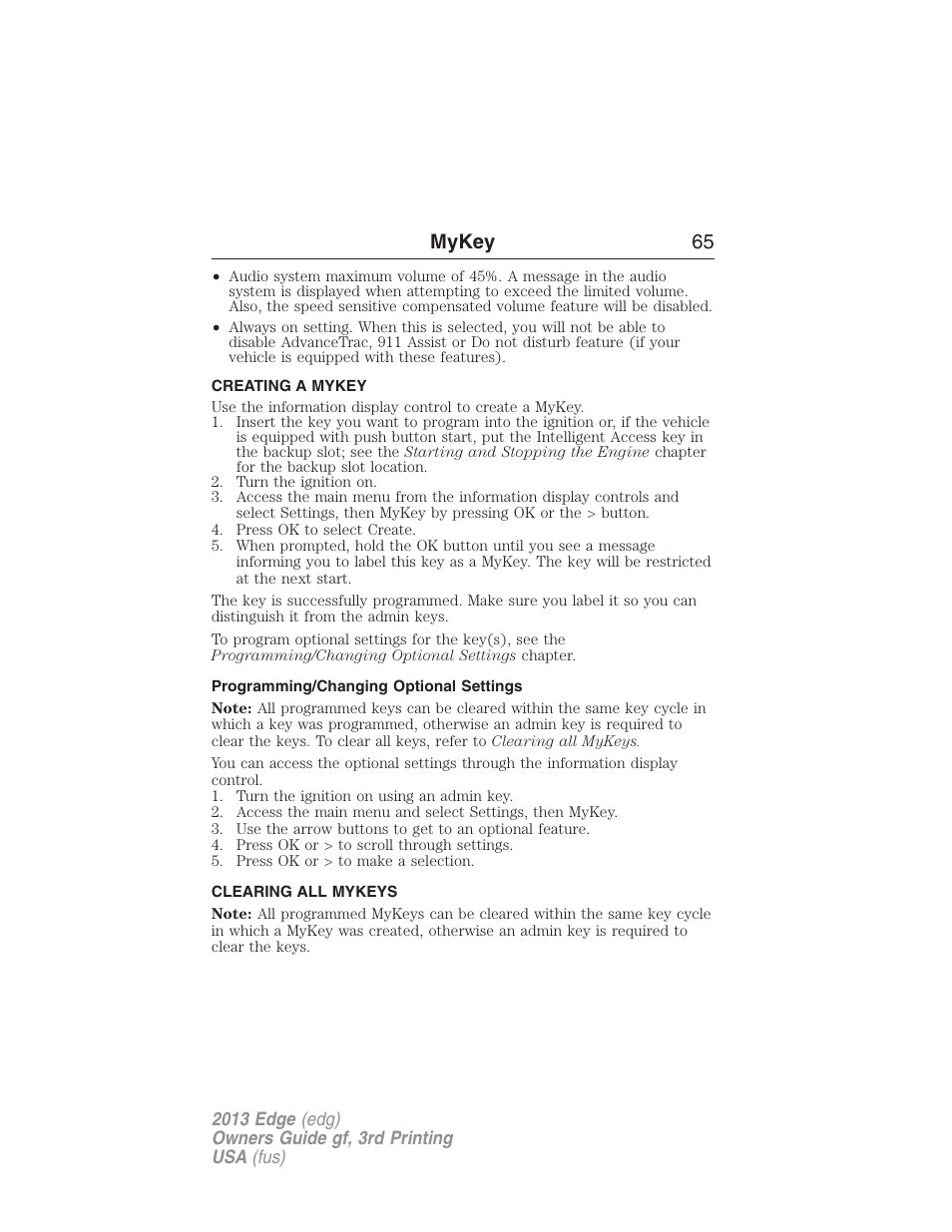 Creating a mykey, Programming/changing optional settings, Clearing all mykeys | Creating, Clearing, Mykey 65 | FORD 2013 Edge v.3 User Manual | Page 66 / 521