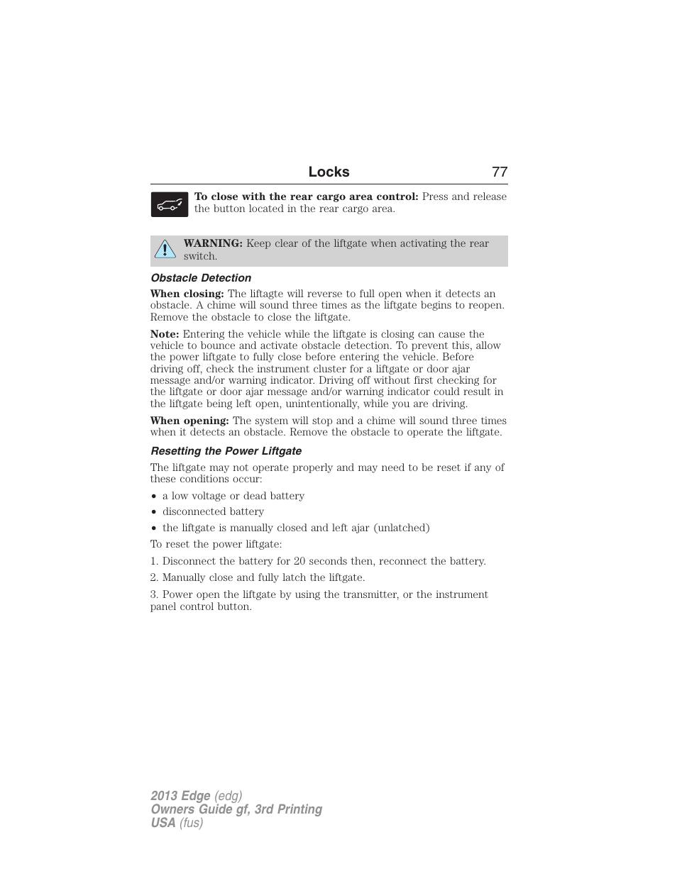 Obstacle detection, Resetting the power liftgate, Locks 77 | FORD 2013 Edge v.3 User Manual | Page 78 / 521