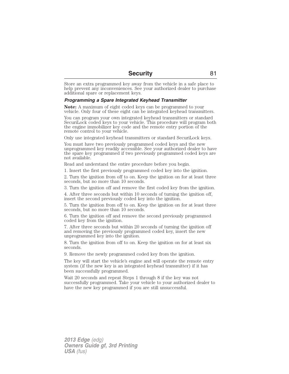 Programming a spare integrated keyhead transmitter, Security 81 | FORD 2013 Edge v.3 User Manual | Page 82 / 521