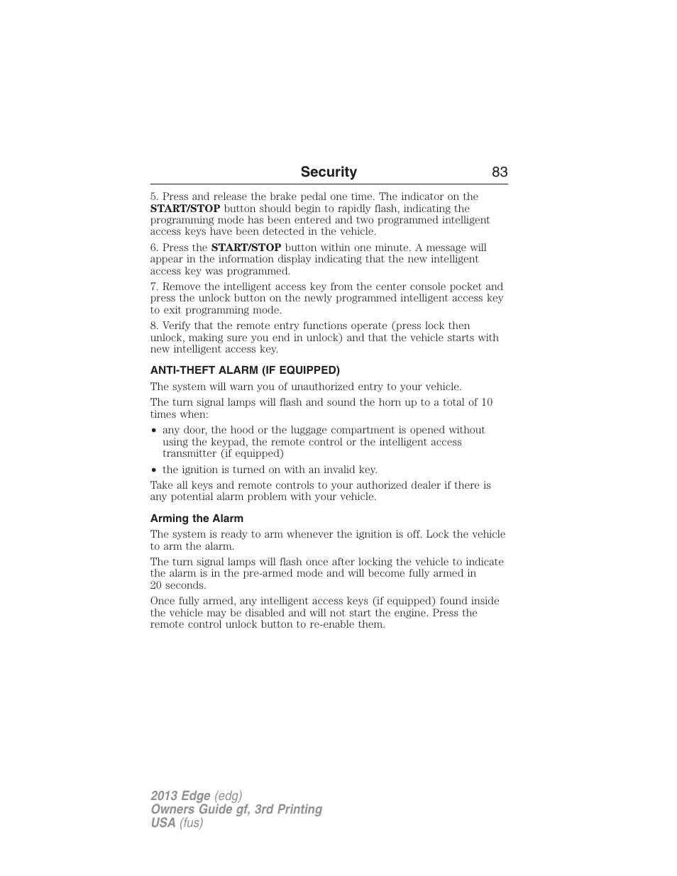 Anti-theft alarm (if equipped), Arming the alarm, Anti-theft alarm | Security 83 | FORD 2013 Edge v.3 User Manual | Page 84 / 521