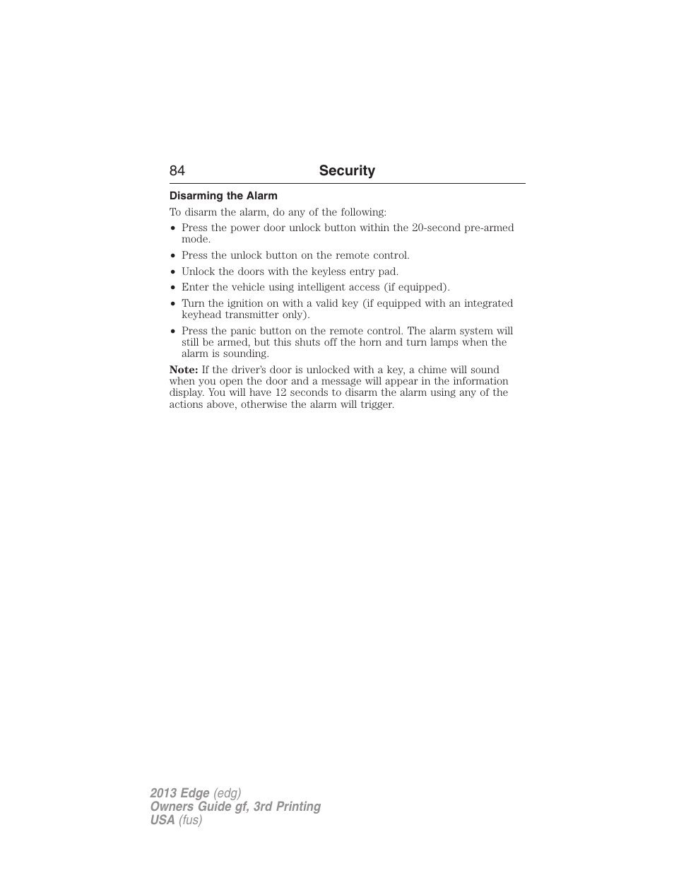 Disarming the alarm, 84 security | FORD 2013 Edge v.3 User Manual | Page 85 / 521