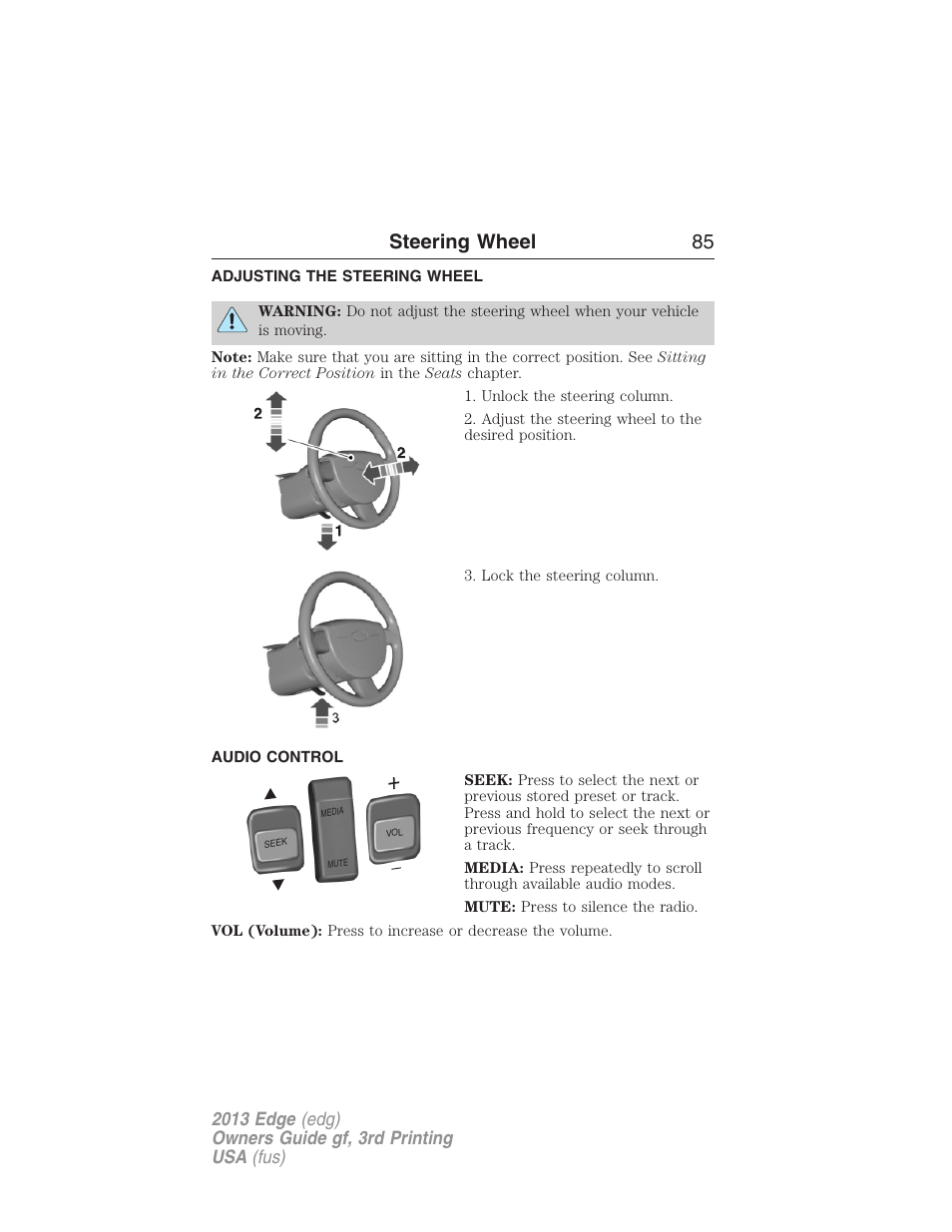 Steering wheel, Adjusting the steering wheel, Audio control | Steering wheel controls, Steering wheel 85 | FORD 2013 Edge v.3 User Manual | Page 86 / 521