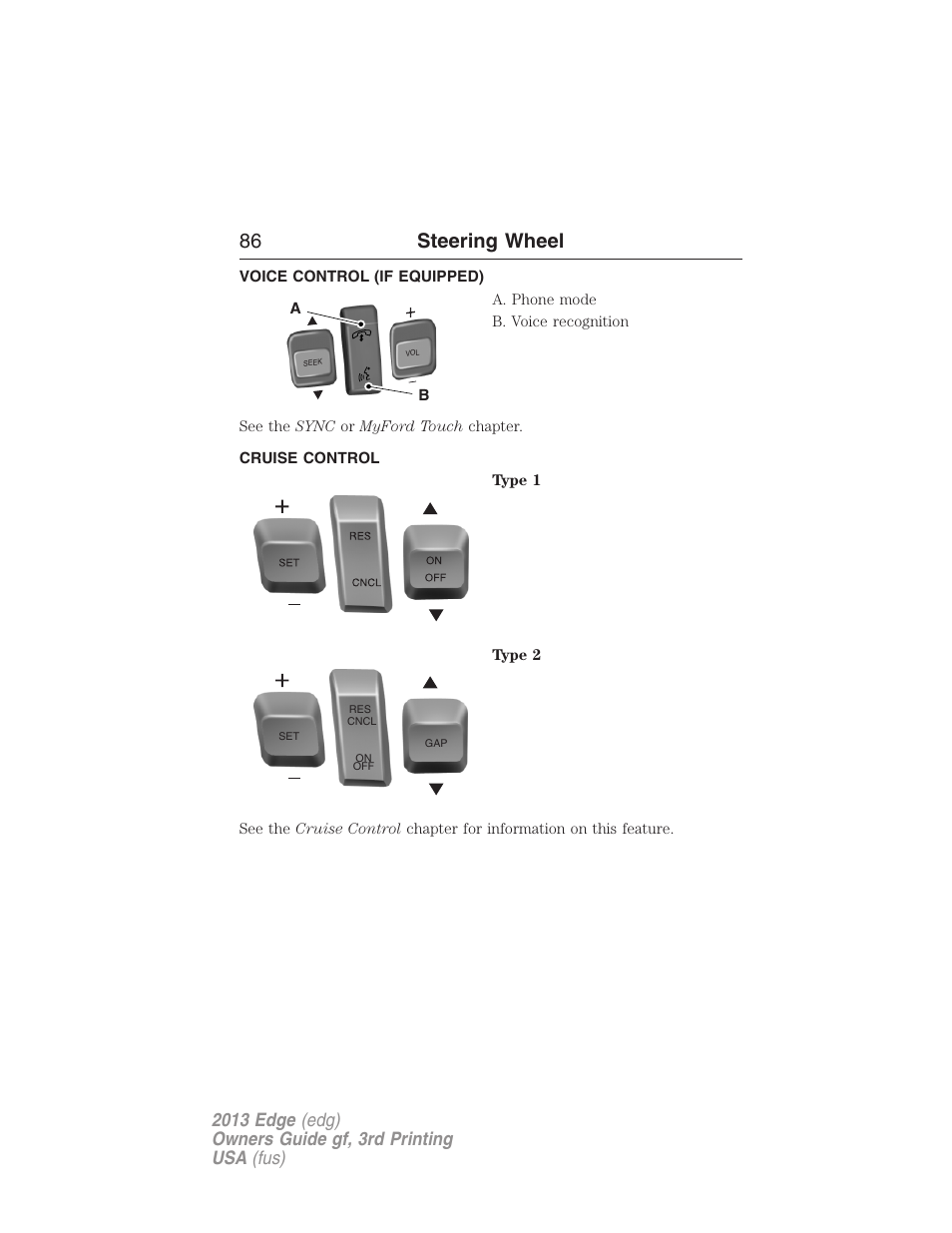Voice control (if equipped), Cruise control, 86 steering wheel | FORD 2013 Edge v.3 User Manual | Page 87 / 521