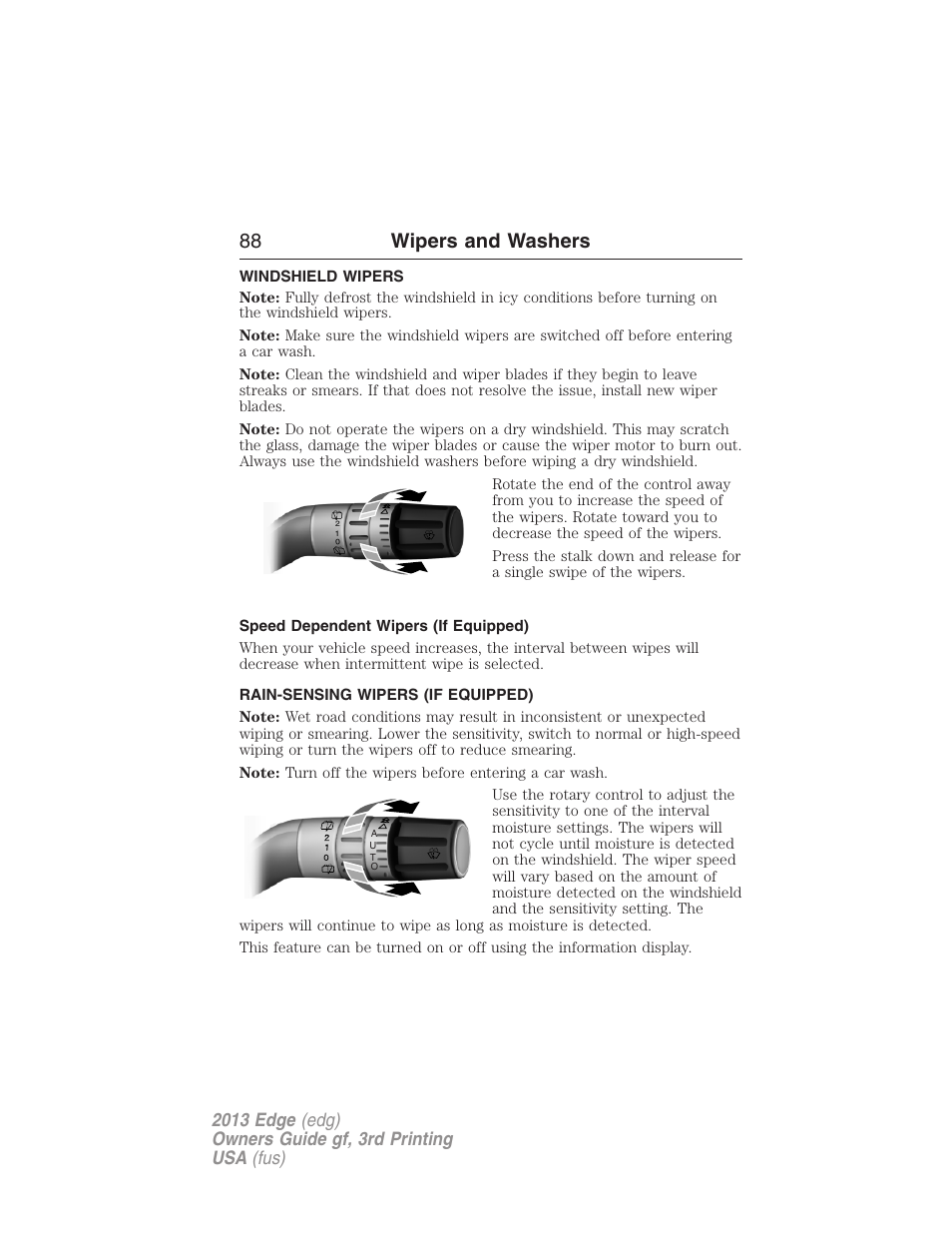 Wipers and washers, Windshield wipers, Speed dependent wipers (if equipped) | Rain-sensing wipers (if equipped), Rain-sensing wipers, 88 wipers and washers | FORD 2013 Edge v.3 User Manual | Page 89 / 521