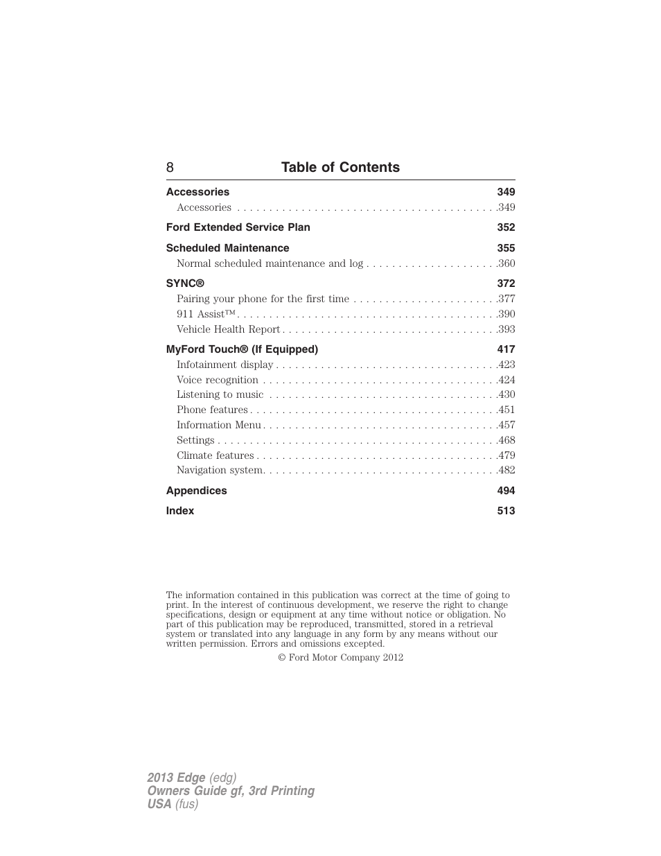 8table of contents | FORD 2013 Edge v.3 User Manual | Page 9 / 521