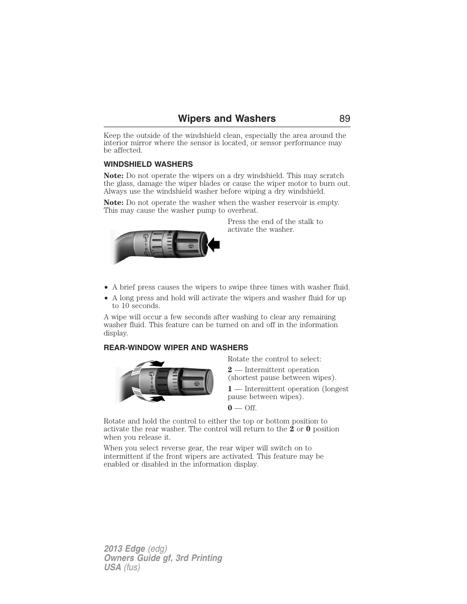Windshield washers, Rear-window wiper and washers, Rear-window wiper and washer | Wipers and washers 89 | FORD 2013 Edge v.3 User Manual | Page 90 / 521