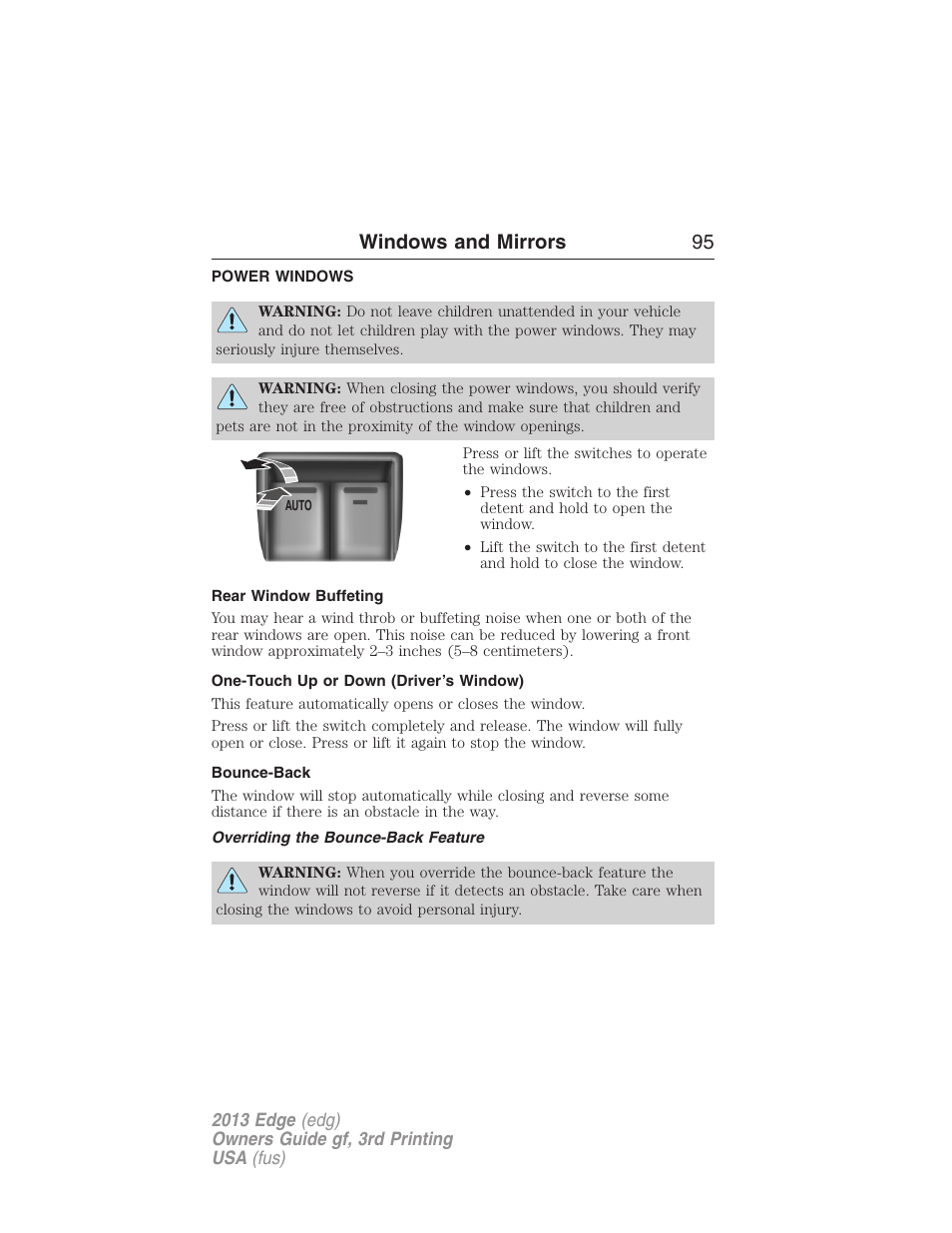 Windows and mirrors, Power windows, Rear window buffeting | One-touch up or down (driver’s window), Bounce-back, Overriding the bounce-back feature, Windows and mirrors 95 | FORD 2013 Edge v.3 User Manual | Page 96 / 521