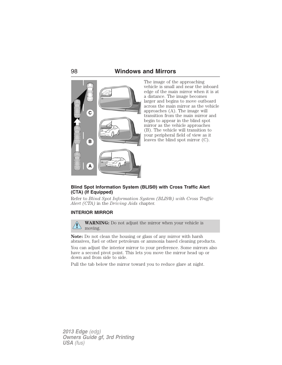 Interior mirror, Interior mirrors, 98 windows and mirrors | FORD 2013 Edge v.3 User Manual | Page 99 / 521