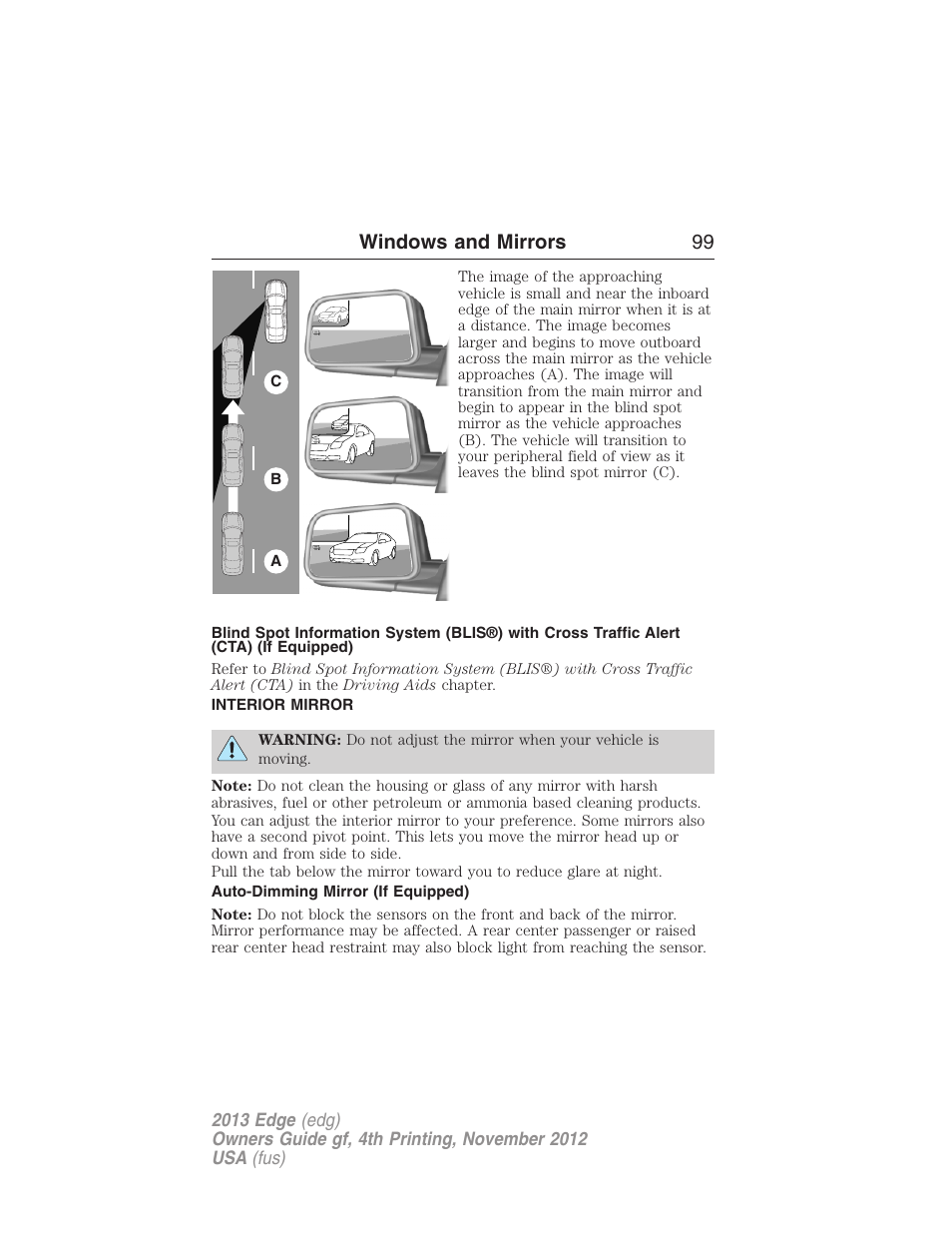 Interior mirror, Auto-dimming mirror (if equipped), Interior mirrors | Windows and mirrors 99 | FORD 2013 Edge v.4 User Manual | Page 100 / 533