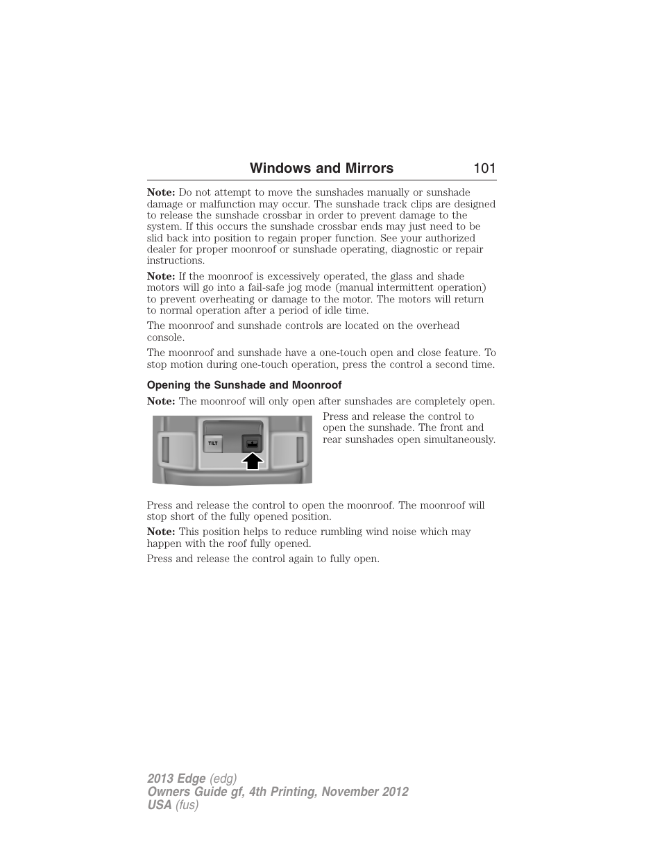 Opening the sunshade and moonroof, Windows and mirrors 101 | FORD 2013 Edge v.4 User Manual | Page 102 / 533