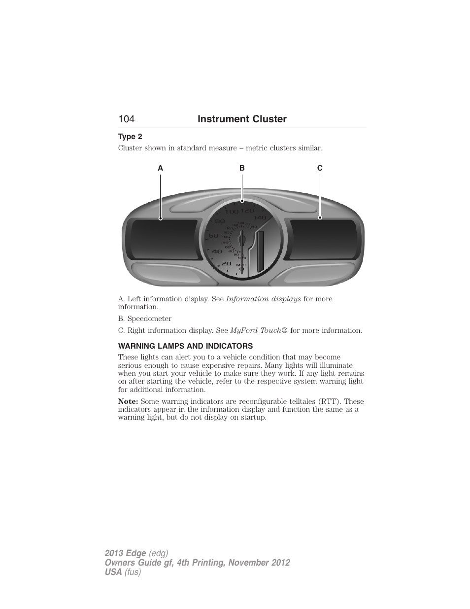 Type 2, Warning lamps and indicators, 104 instrument cluster | FORD 2013 Edge v.4 User Manual | Page 105 / 533