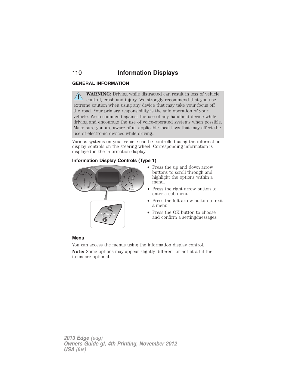 Information displays, General information, Information display controls (type 1) | Menu, Controls, 110 information displays | FORD 2013 Edge v.4 User Manual | Page 111 / 533