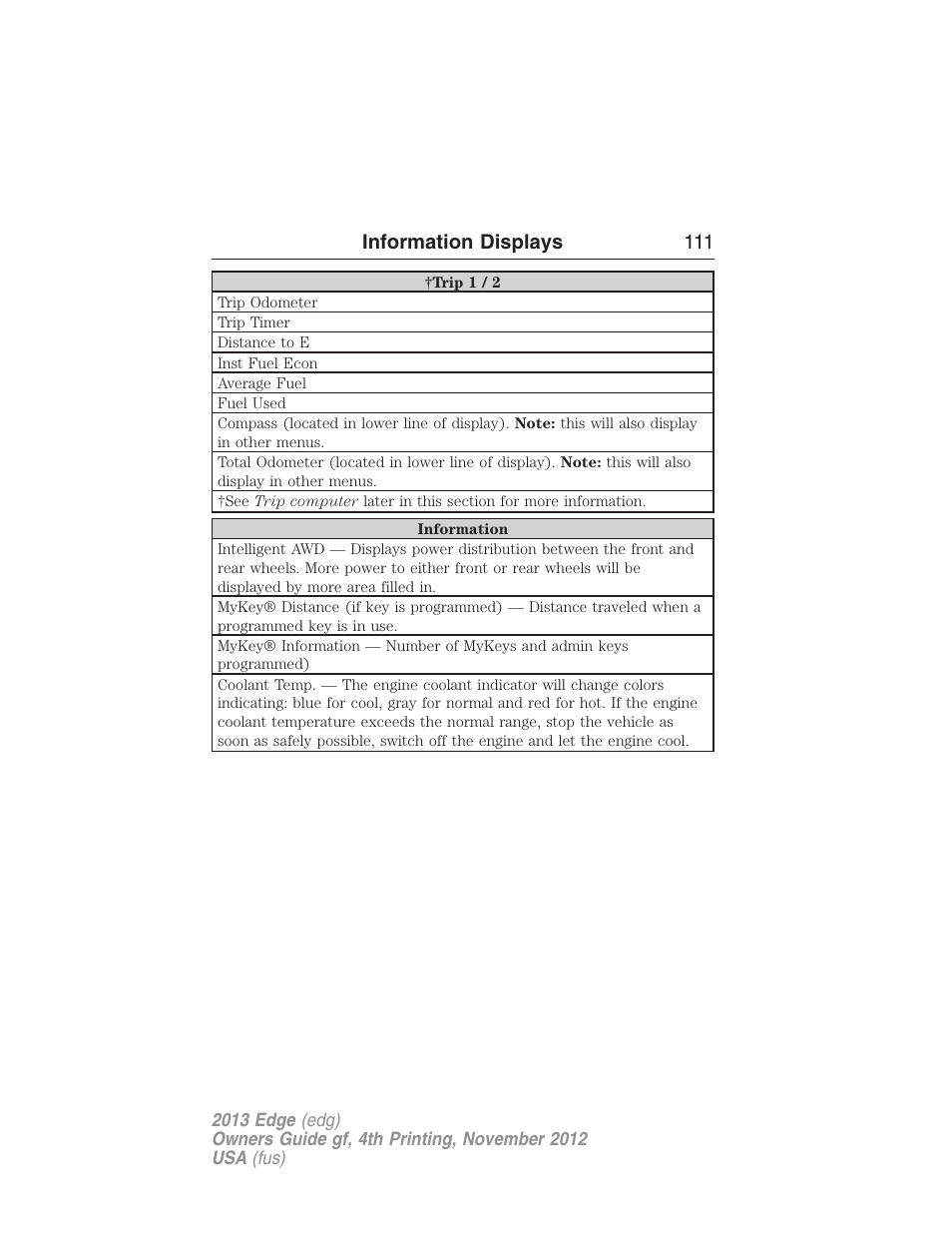 Information displays 111 | FORD 2013 Edge v.4 User Manual | Page 112 / 533