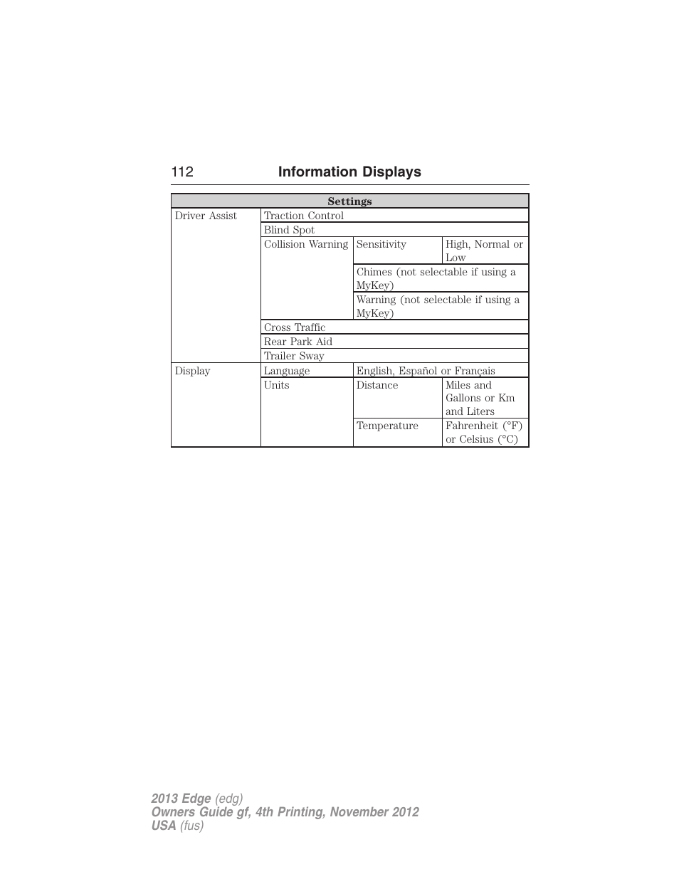 112 information displays | FORD 2013 Edge v.4 User Manual | Page 113 / 533