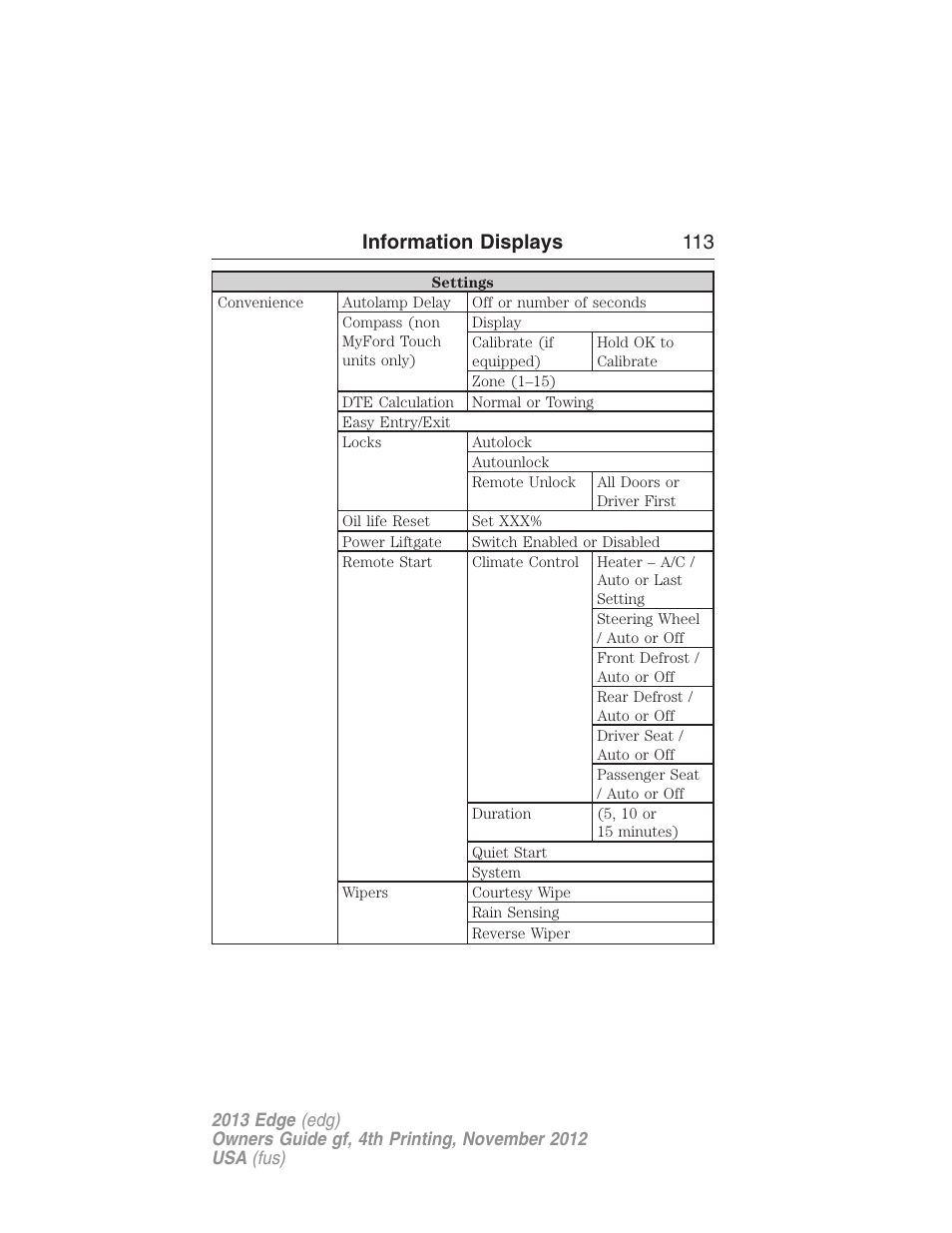 Information displays 113 | FORD 2013 Edge v.4 User Manual | Page 114 / 533
