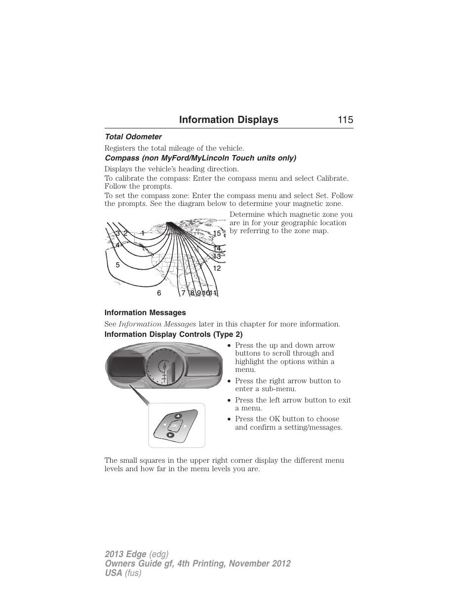 Total odometer, Compass (non myford/mylincoln touch units only), Information messages | Information display controls (type 2), Information displays 115 | FORD 2013 Edge v.4 User Manual | Page 116 / 533
