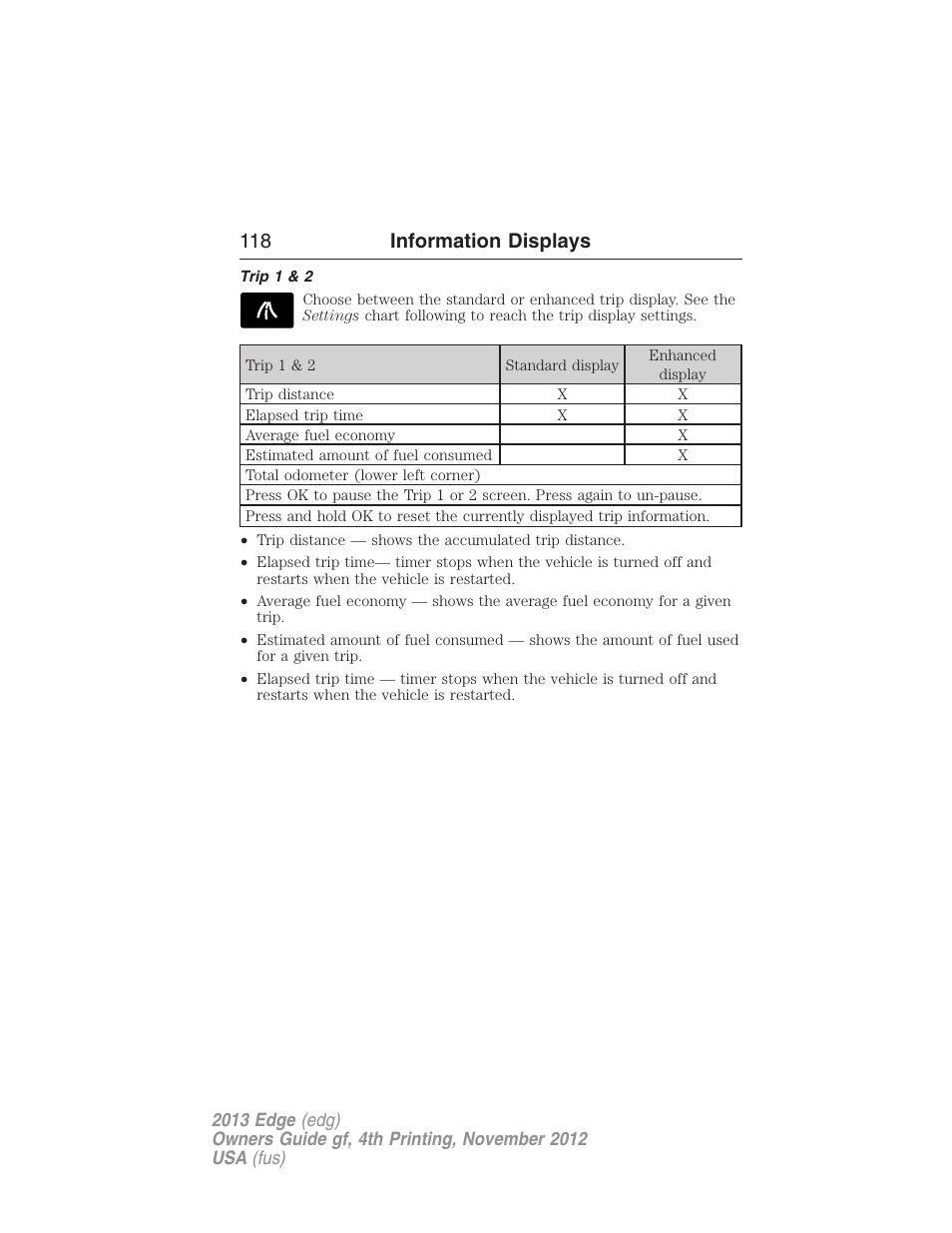 Trip 1 & 2, 118 information displays | FORD 2013 Edge v.4 User Manual | Page 119 / 533