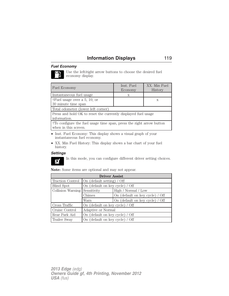 Fuel economy, Settings, Information displays 119 | FORD 2013 Edge v.4 User Manual | Page 120 / 533