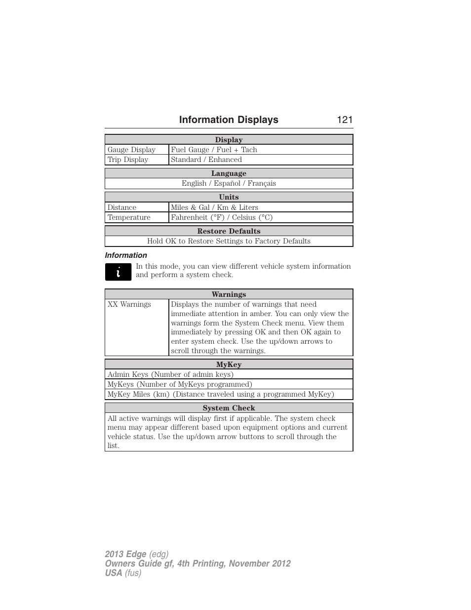 Information, Information displays 121 | FORD 2013 Edge v.4 User Manual | Page 122 / 533