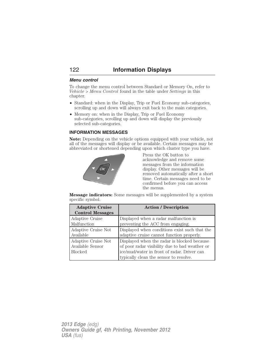 Menu control, Information messages, 122 information displays | FORD 2013 Edge v.4 User Manual | Page 123 / 533