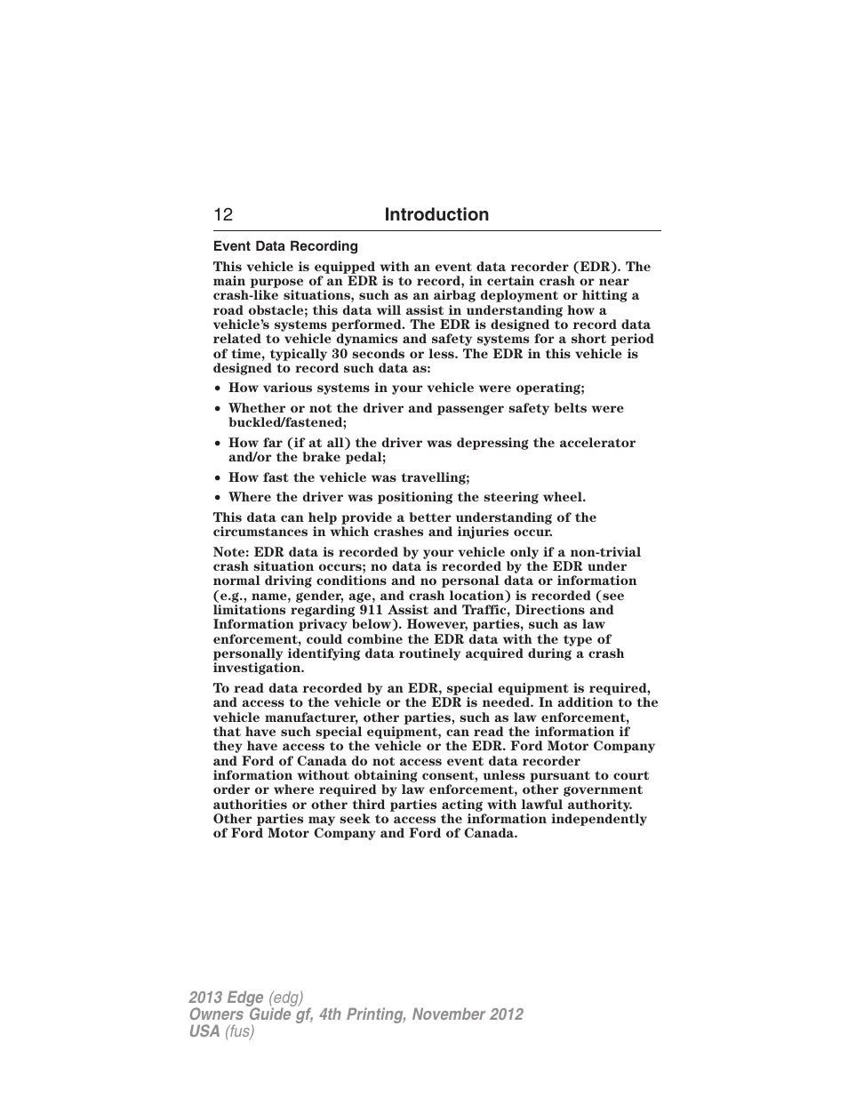 Event data recording, 12 introduction | FORD 2013 Edge v.4 User Manual | Page 13 / 533