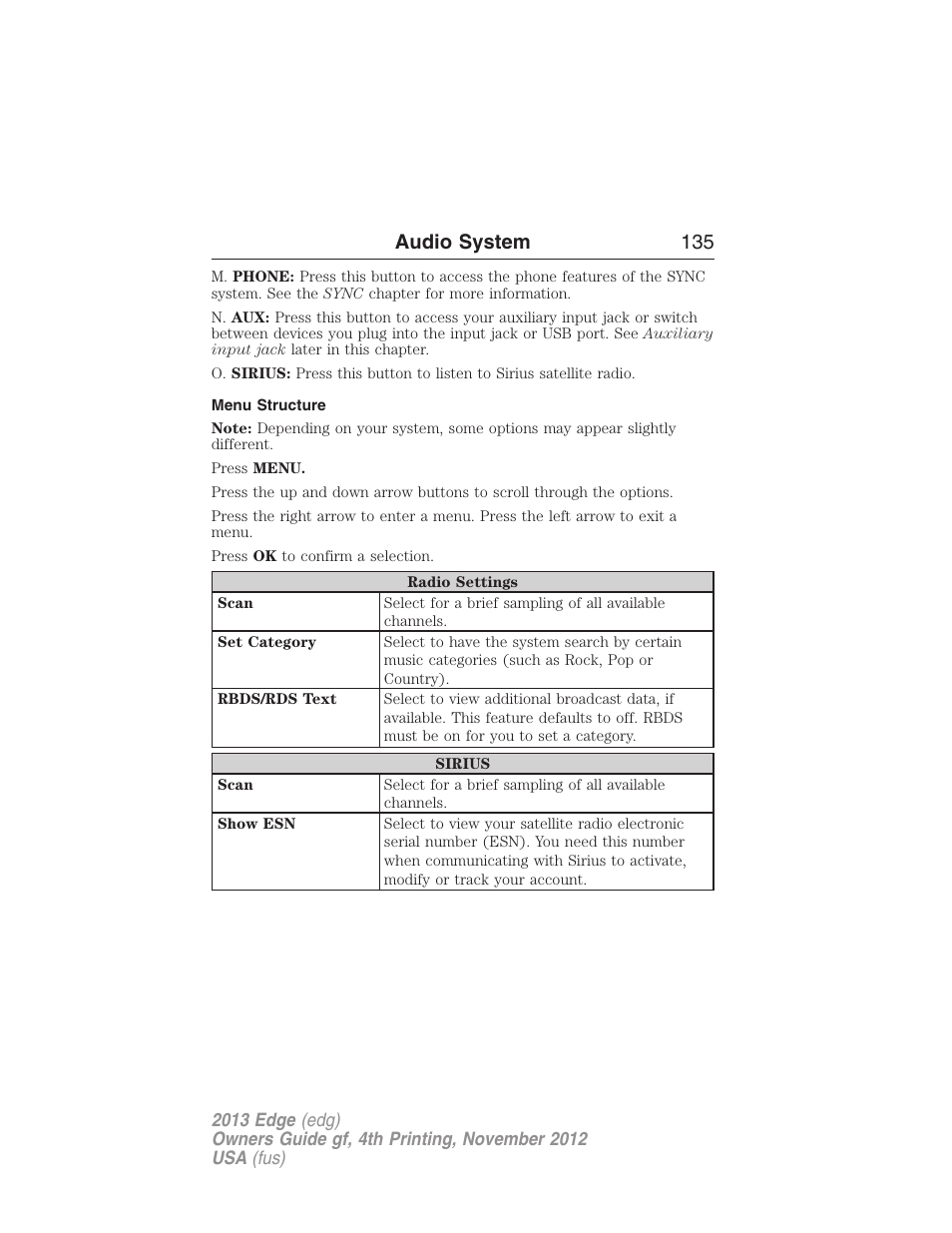 Menu structure, Audio system 135 | FORD 2013 Edge v.4 User Manual | Page 136 / 533