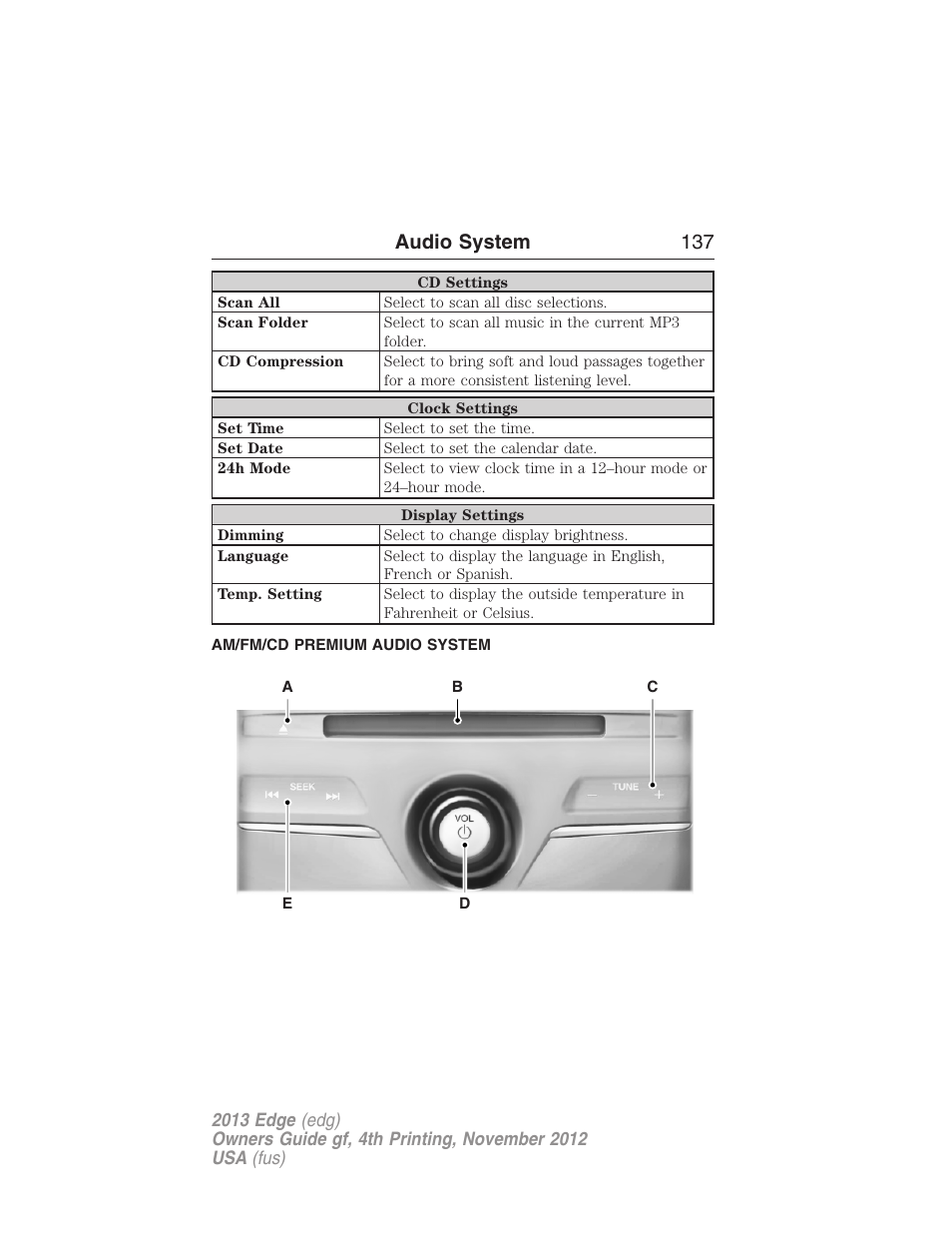 Am/fm/cd premium audio system, Audio system 137 | FORD 2013 Edge v.4 User Manual | Page 138 / 533