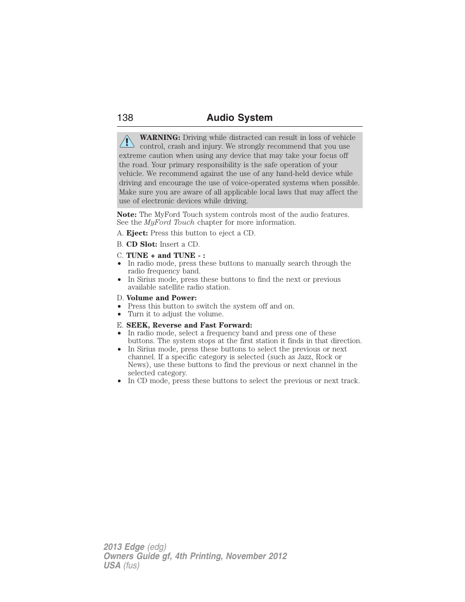 138 audio system | FORD 2013 Edge v.4 User Manual | Page 139 / 533