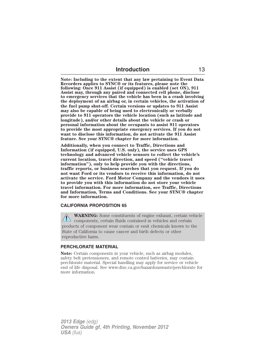 California proposition 65, Perchlorate material, Introduction 13 | FORD 2013 Edge v.4 User Manual | Page 14 / 533