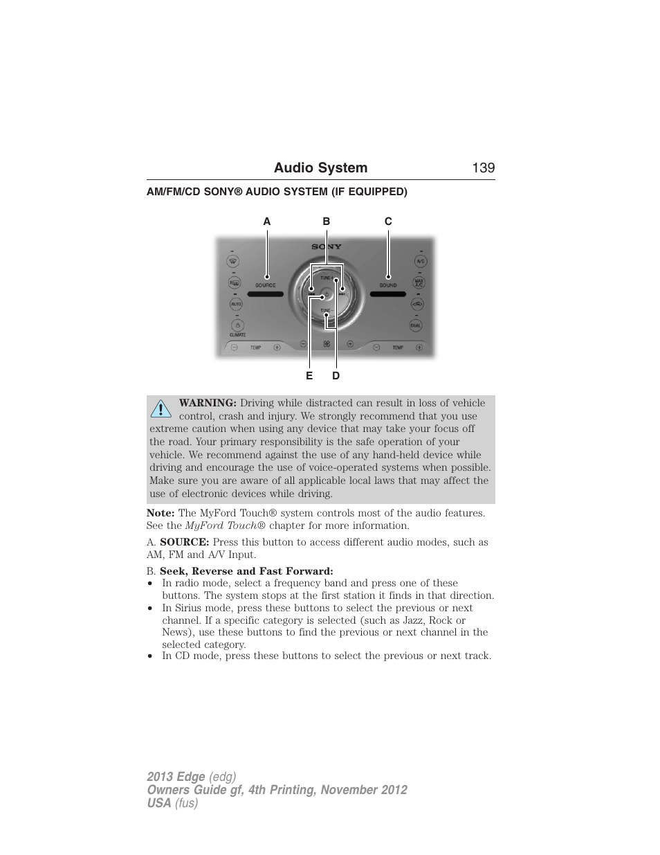 Am/fm/cd sony® audio system (if equipped), Audio system 139 | FORD 2013 Edge v.4 User Manual | Page 140 / 533