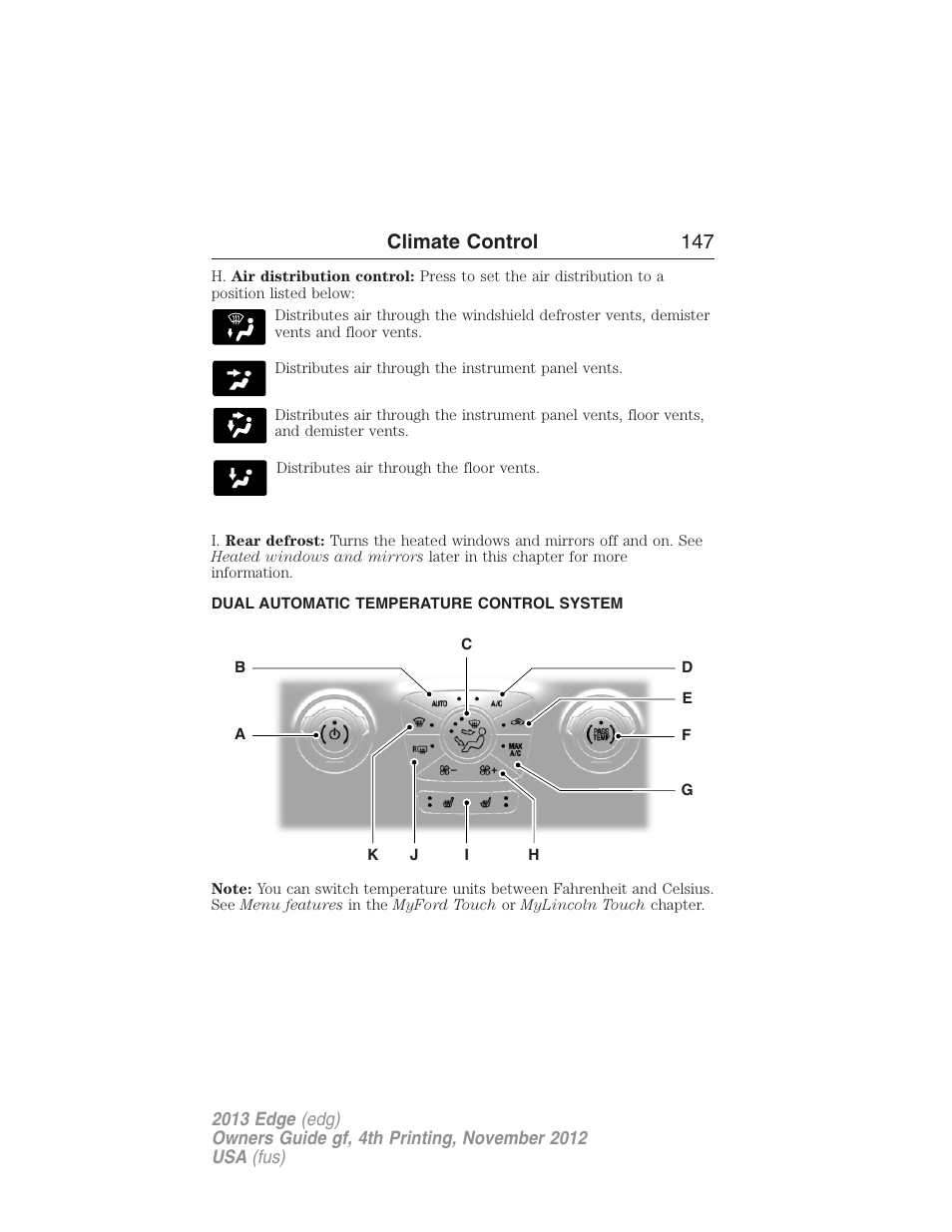 Dual automatic temperature control system, Dual automatic temperature control, Climate control 147 | FORD 2013 Edge v.4 User Manual | Page 148 / 533